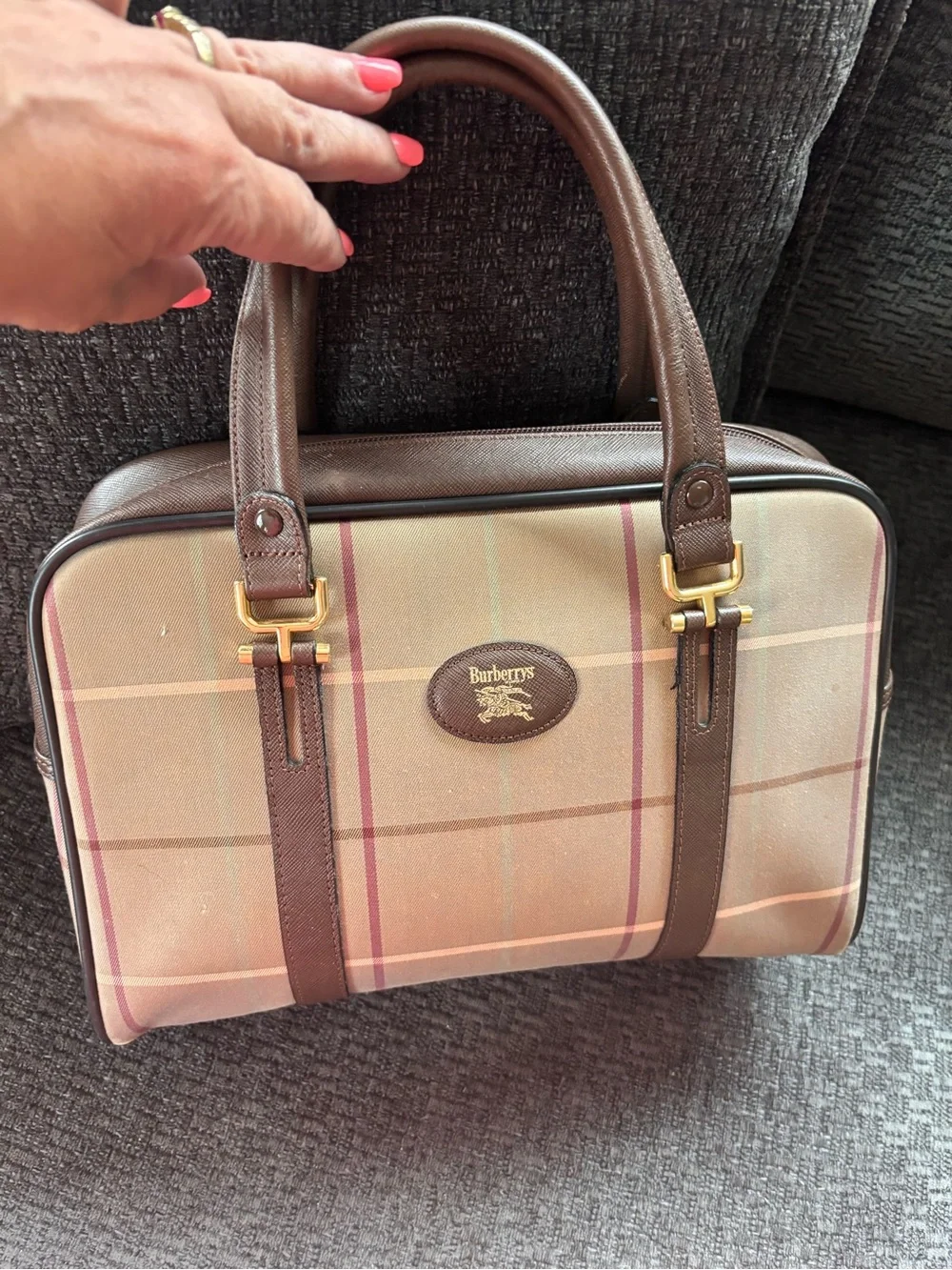 Burberry Tan Plaid Canvas handbag-with Brown Leather Trim